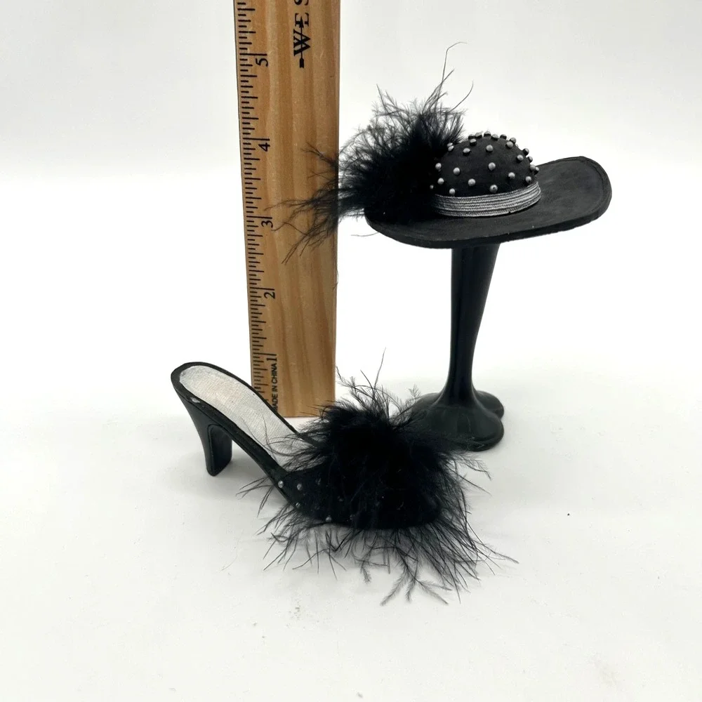 Vintage Miniature Set of 2 Shoe‎ Hat and Stand Collectible Black Feathers